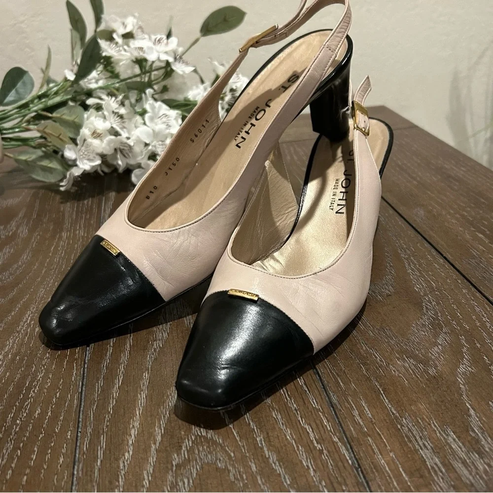 St. John Slingback Black / Tan Leather Heels Size 10 Made in Italy